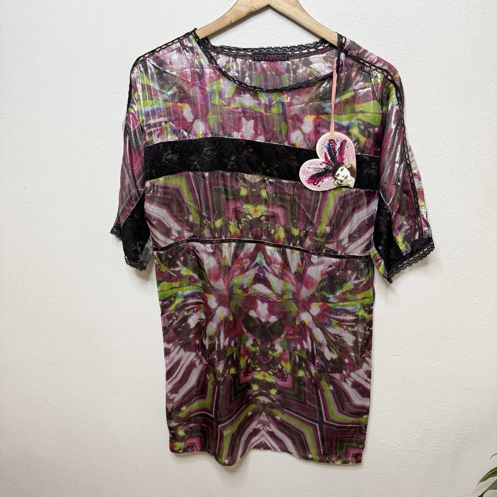 New Custo Barcelona Sheer Shiny Silk Blend Mini Dress Lace Detail Womens XS